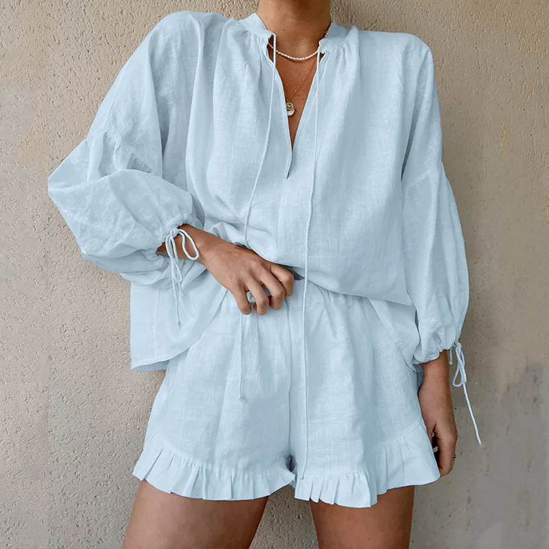 2024 cotone lino sciolto due pezzi Set da donna con scollo a v Tie Up Top + pantaloncini Beach Suit Casual Solid abiti da pendolarismo a maniche lunghe