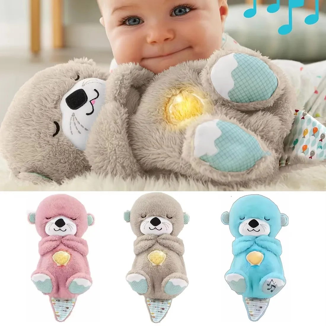 Boneca de pelúcia com urso respirador para recém-nascido, companheiro dormindo, som e luz, lontra, brinquedo para crianças, calm