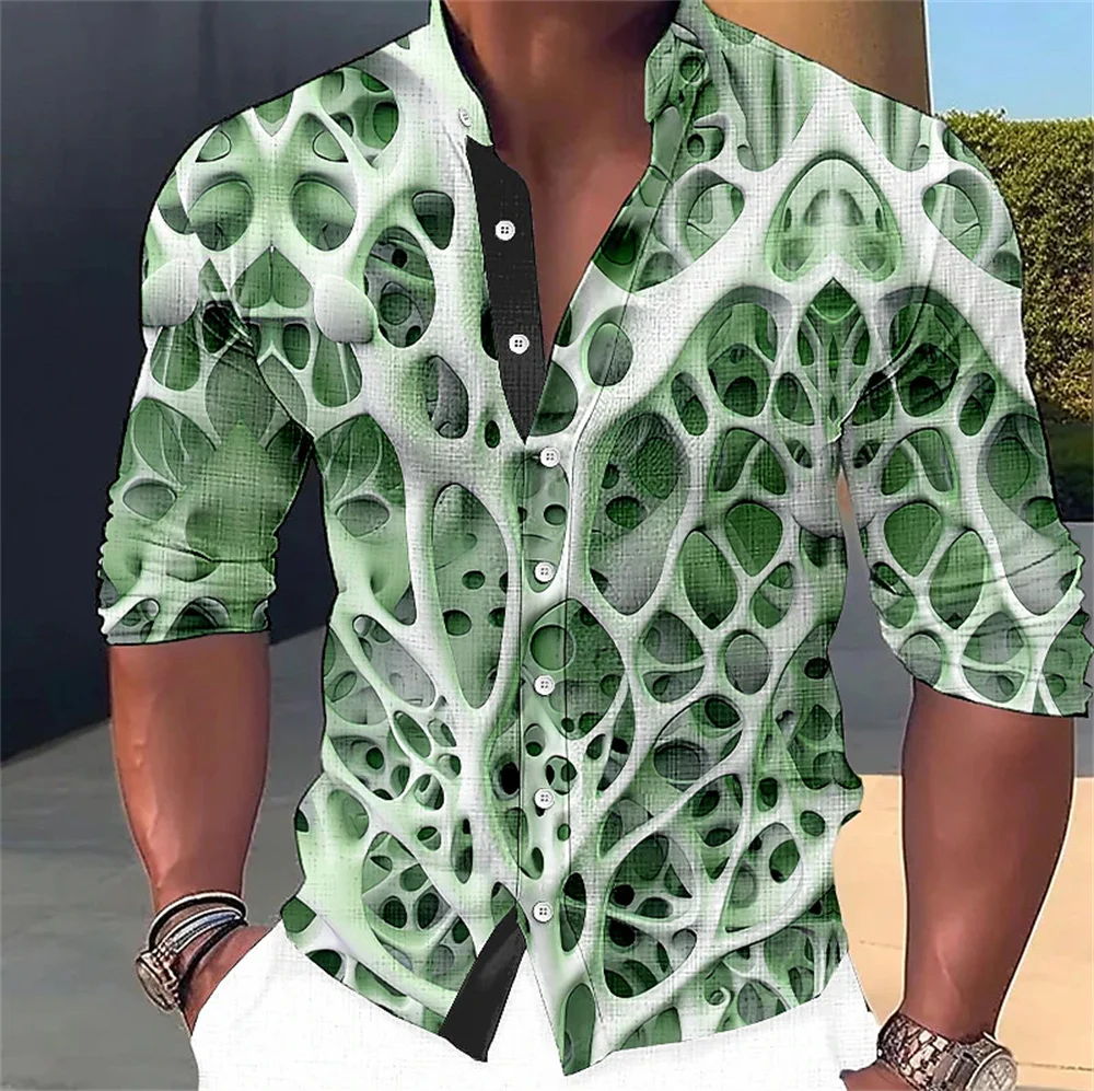 Men's Long Sleeved Shirt 3D Abstract Printing Standing Collar Button Up Shirt Fashion Street Designer Designs Men's Clothing