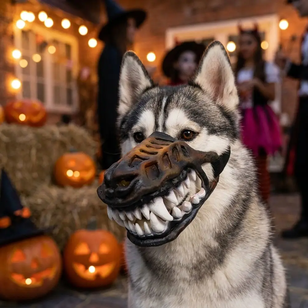 Vintage Halloween Dog Mouth Mask Movable Teeth Adjustable Straps Funny Animal Mask Breathable‑Holes Tear‑Resistant