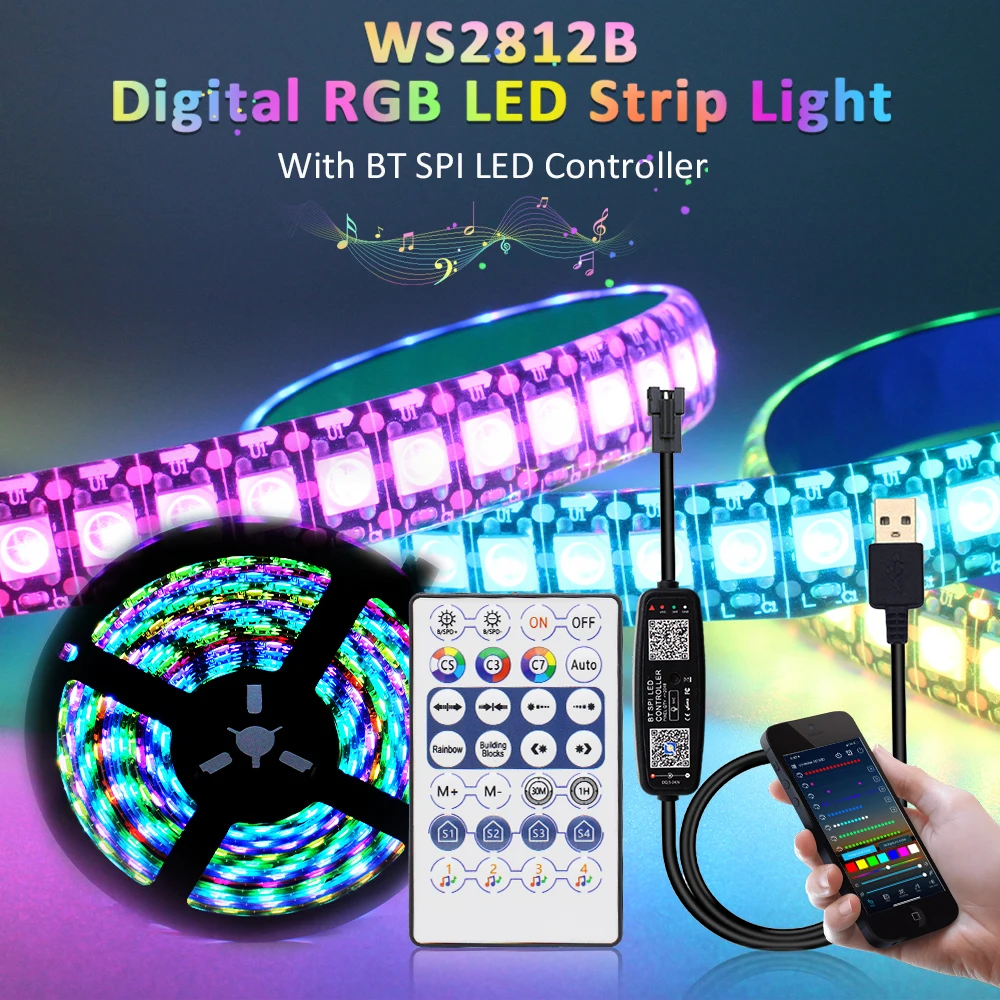 WS2812B RGB светодиодная лента, лампа, лента, адресуемая USB DC 5 В, гибкая Bluetooth, беспроводной пульт дистанционного управления, водонепроницаемая лента 5 м, комплект