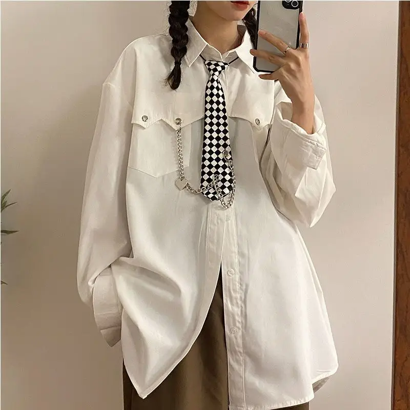 DAYIFUN-Women Blouses Chain Design,Long Sleeve Blusas with Checkerboard Tie,2024 Lady Spring/Autumn,Loose,Academy Style,JK Shirt