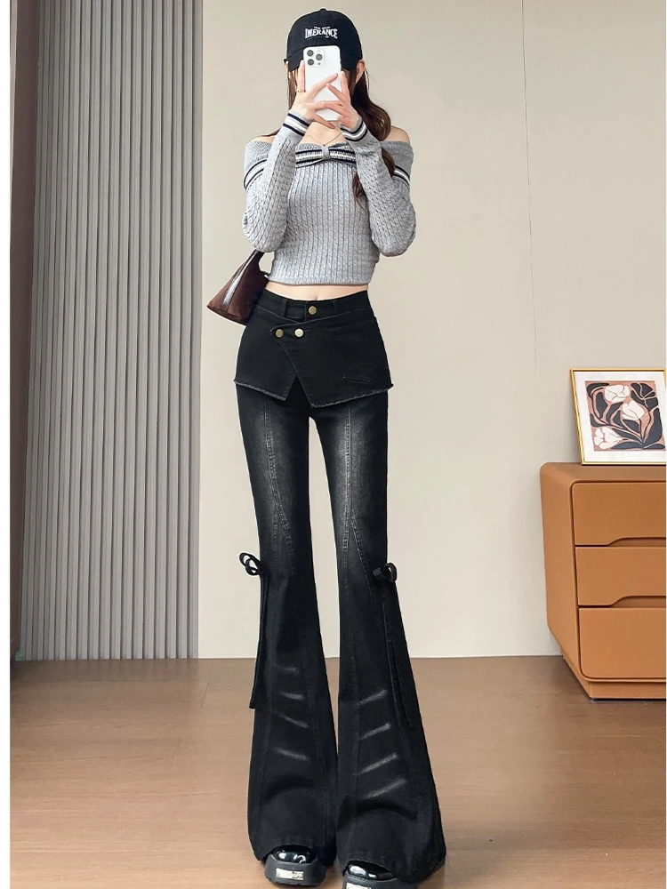 

Осень-зима, новый индивидуальный дизайн, искусственные расклешенные брюки-подкова из двух частей, женские модные уличные расклешенные джинсы