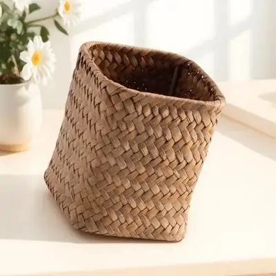 1 قطعة حامل قلم صندوق تخزين من القش منظم مكتب برتقالي سعة كبيرة قلم رصاص كوب حامل أدوات المائدة فرشاة للمكياج دلو زهرة #6