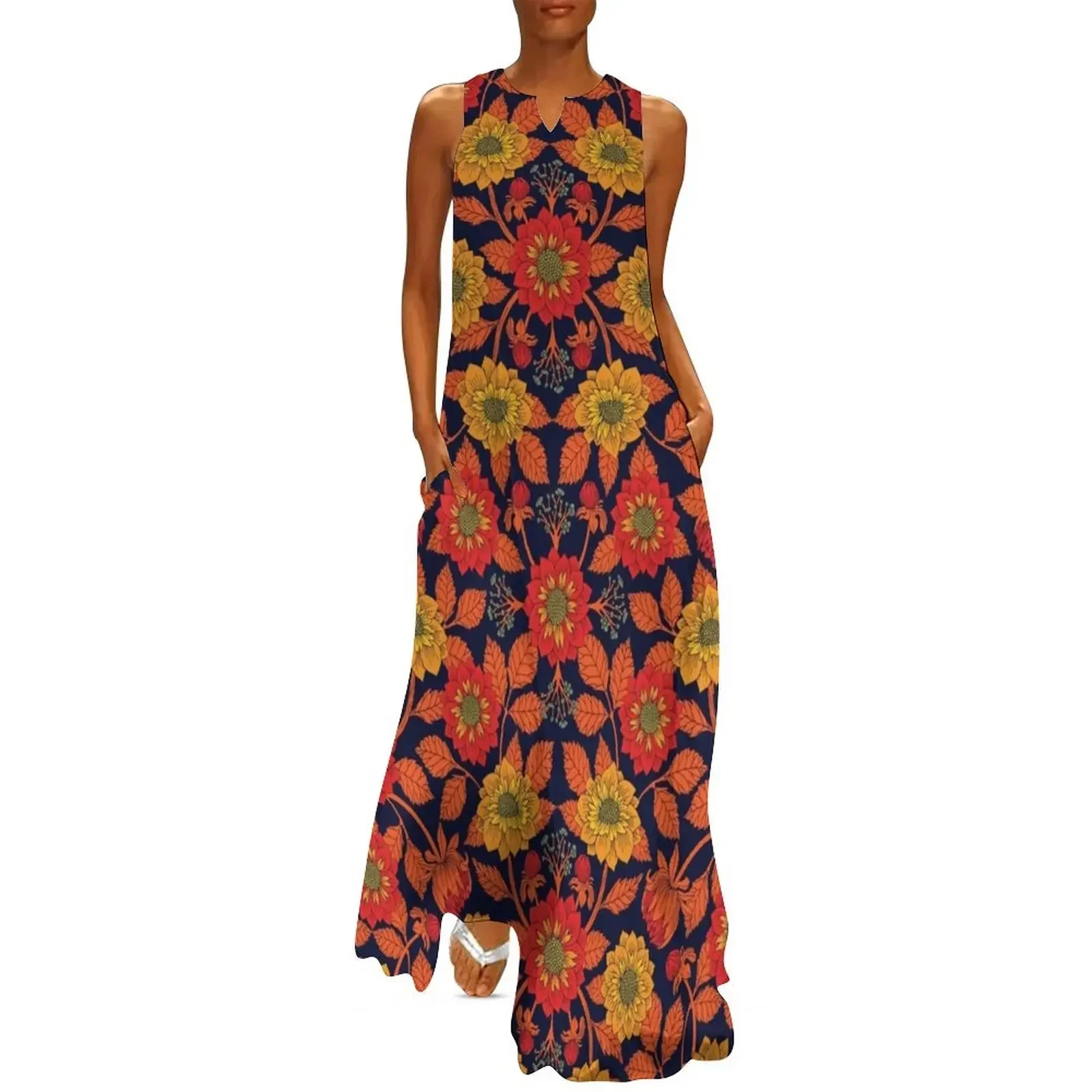 

Vibrant Yellow, Red, Orange, Blue & Navy Floral Pattern Long Dress dresses summer woman 2025 prom dresses Dress