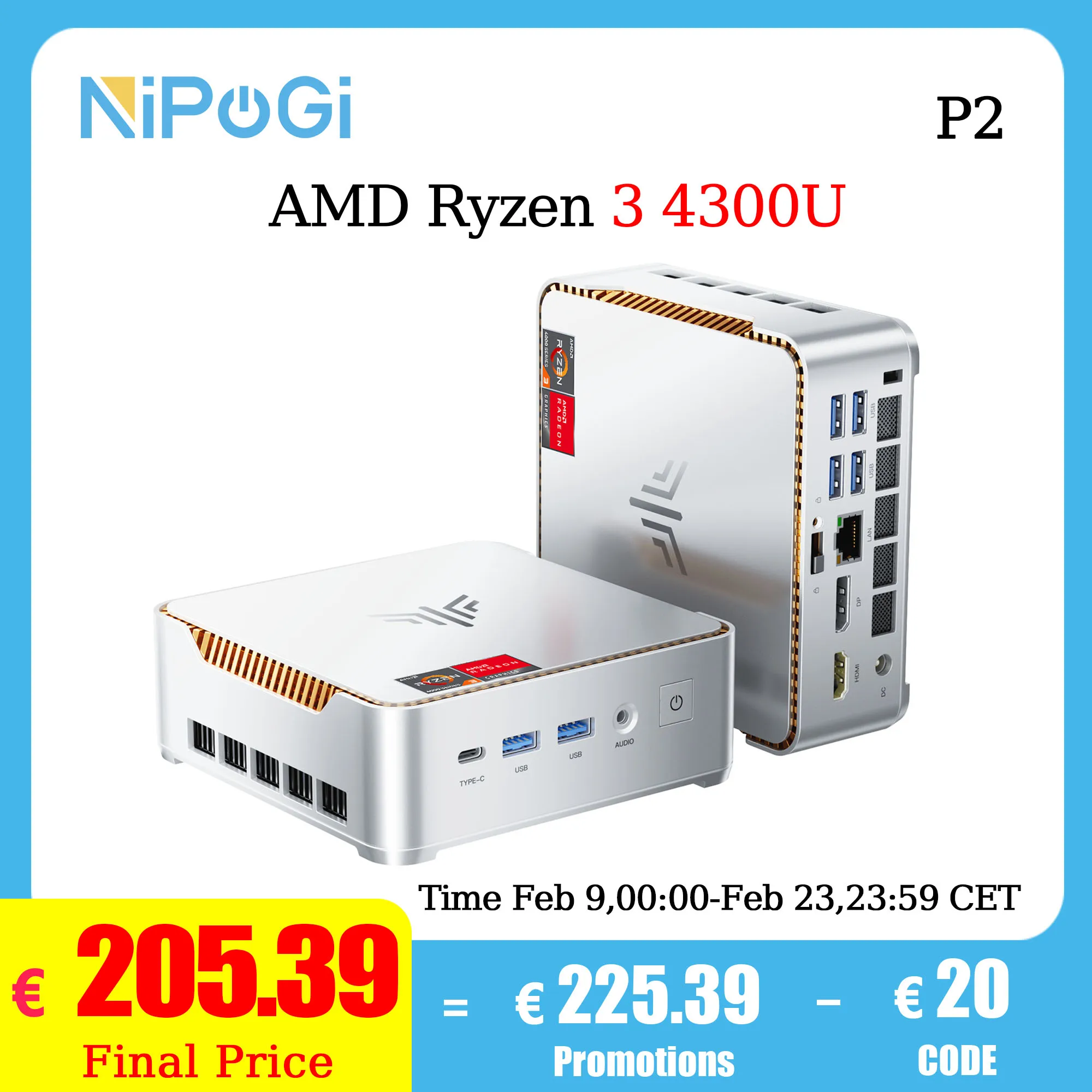 NIPOGI P2Mini PC Mini-computer AMD Ryzen 3 4300U 16GB DDR4 512GB M.2 SSD Windows 11 Pro Micro desktopcomputer Mini desktop pc