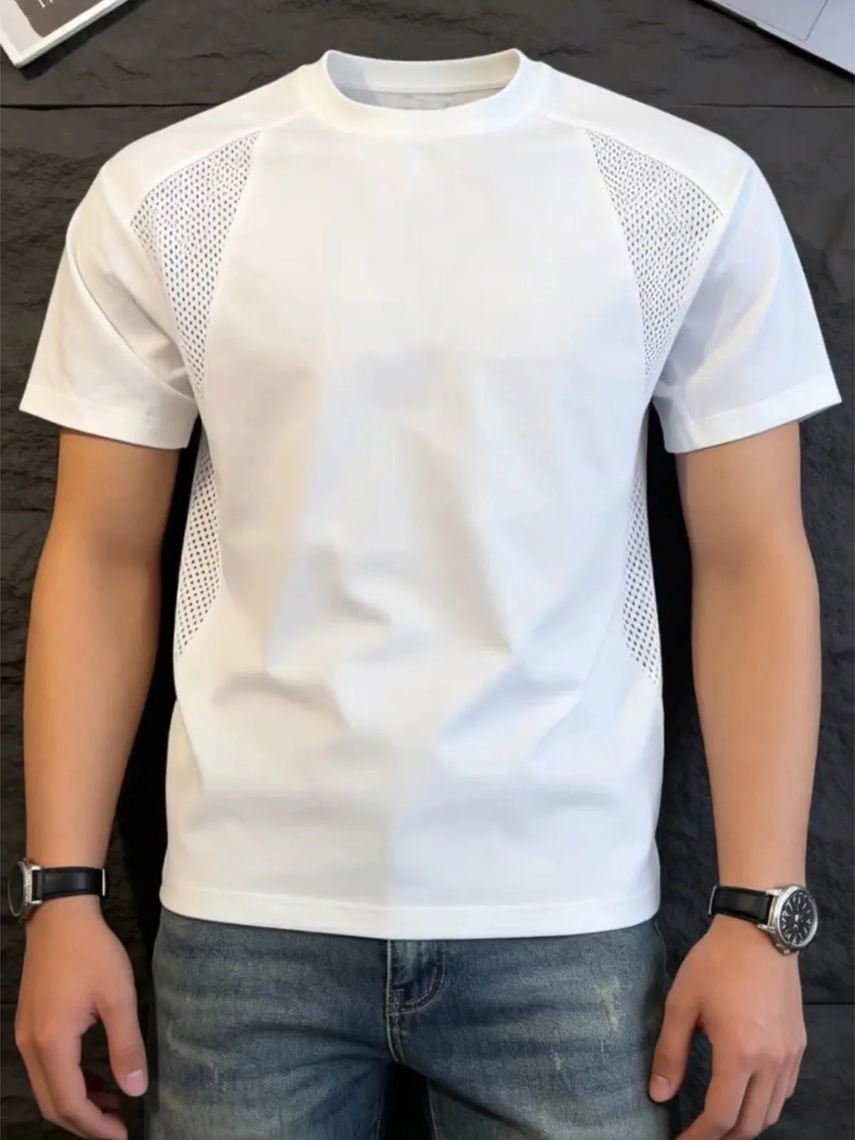 White Ice Silk Quick Dry Short Sleeve Men's Deconstructed Patchwork Shoulder T-Shirt Mesh Breathable Sport Half Sleeve Americ...