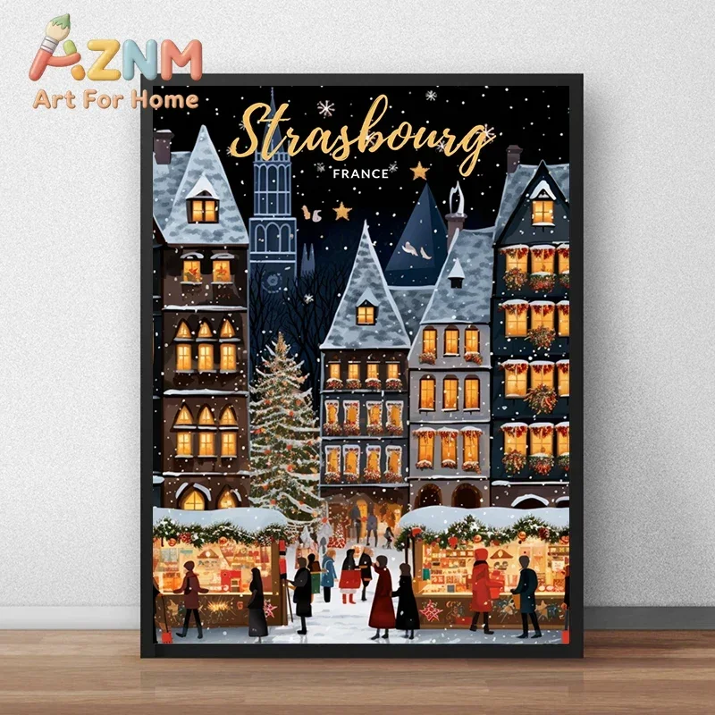 AZNM Vintage City Travel Canvas Wall Art Paris Tokyo Strasbourg Winter Night Scene Frameless Print Poster for Home Decor