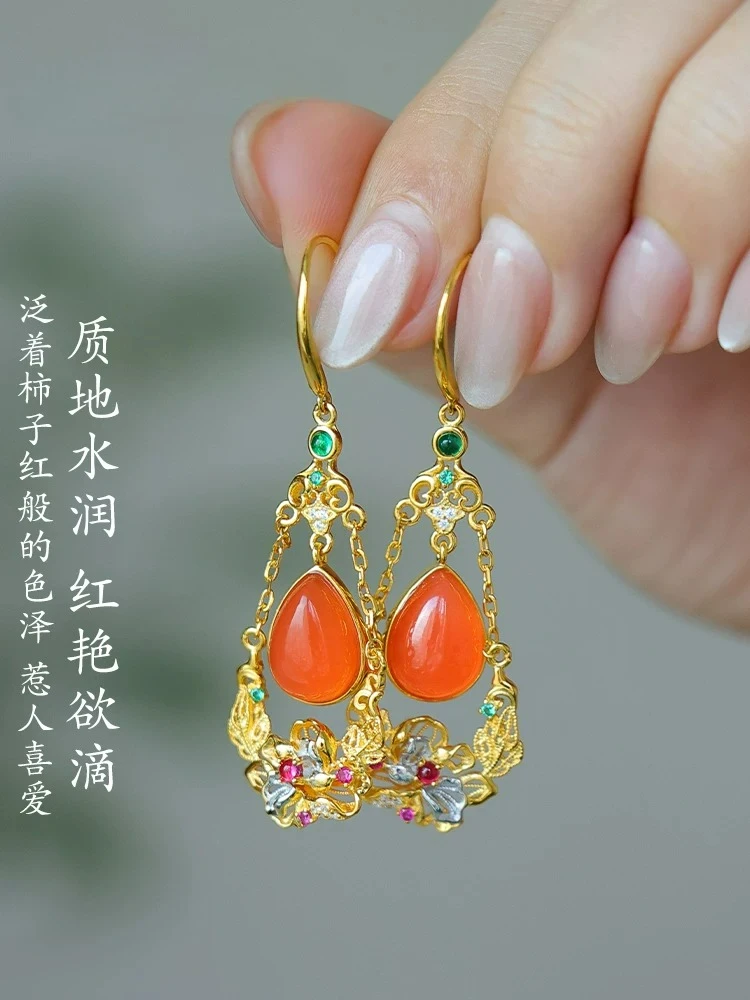 Natural Red Agate Drop Earrings, 925 Silver Gilded, Palace Style Chinese Vintage Dangle Earrings, Hollow Floral Design
