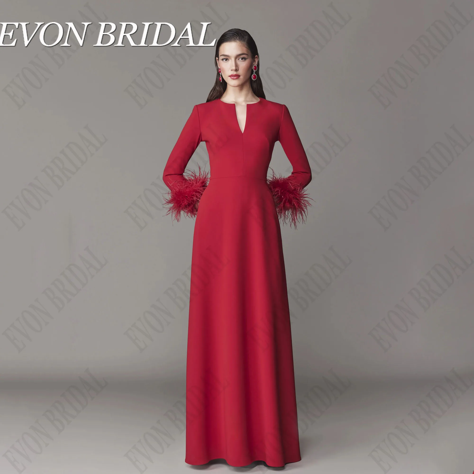 

EVON BRIDAL Red Long Sleeve Evening Dresses A-Line V-Neck Classic Satin vestidos para eventos especiales Floor Length Customized