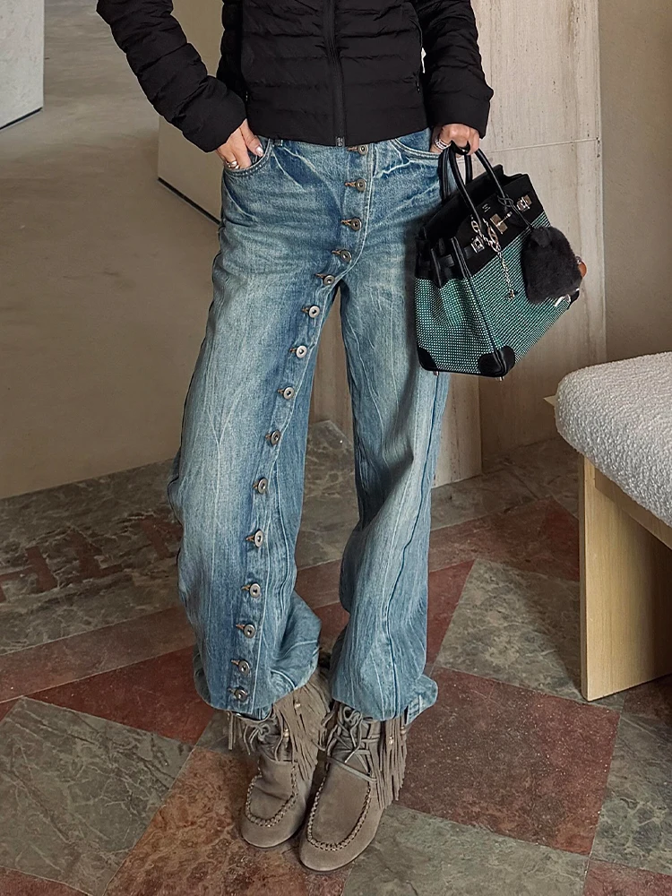 

American Style Casual High Waist Vintage Washed Denim Pants for Women with Side Slit Button Loose Floor-Length Trousers