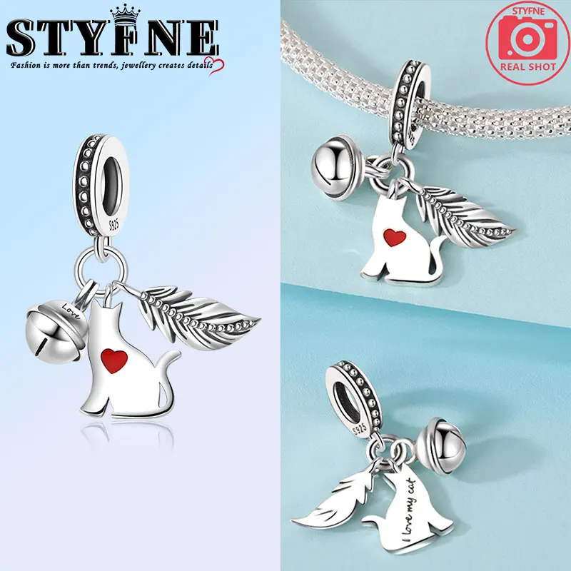 Animals Pets Beads 925 Sterling Silver I Love My Cat, Feather Bell, Cat Teaser 3 Pcs Set Charms Bracelets Jewelry Gift