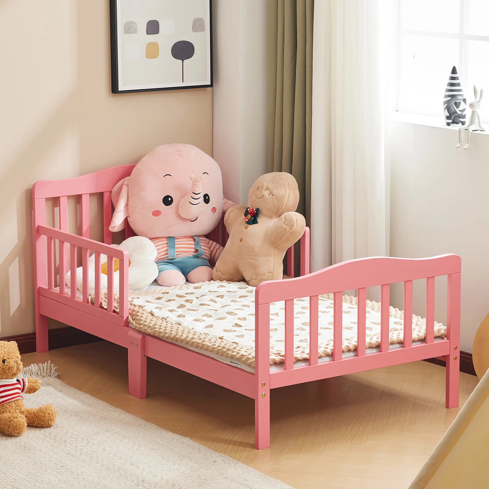 Single Vertical Board with Guardrails on Both Sides, Pink, 135*75*62.5cm, Wooden Bed, Pine, Children's