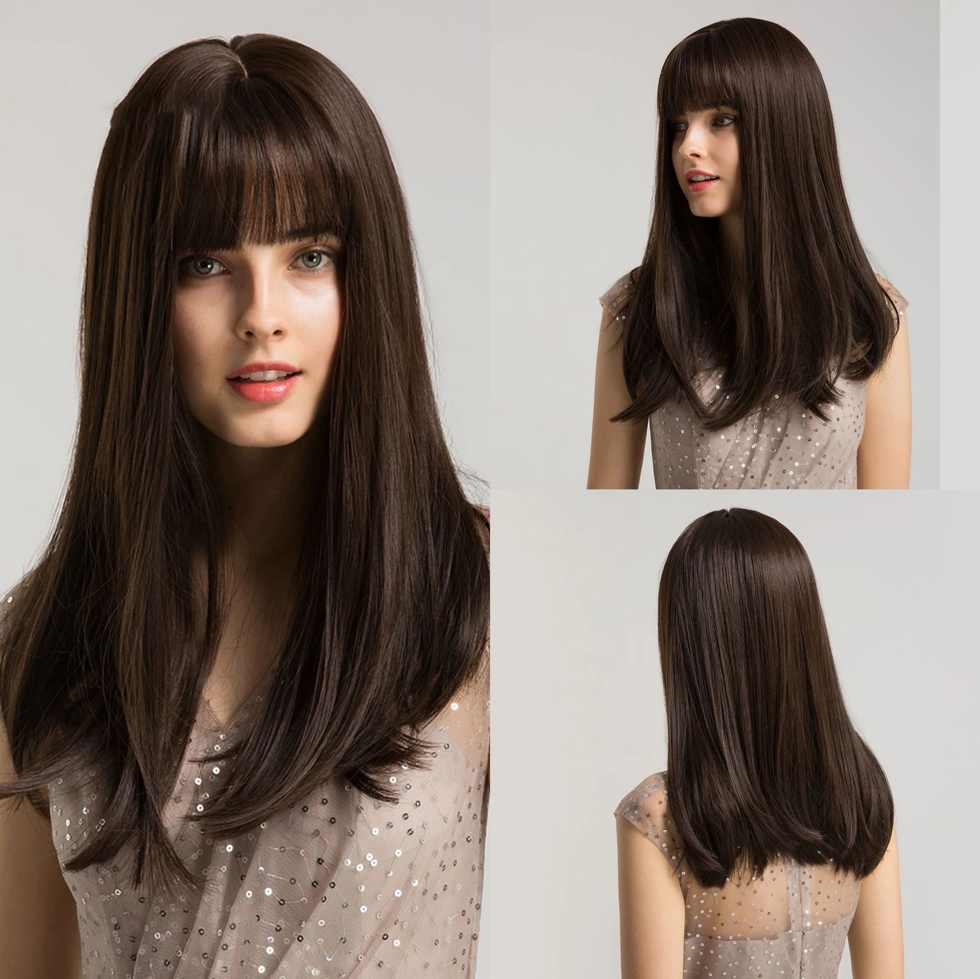 European and American style bangs, straight hair, high-temperature silk wigs, women's brown wigs, fashionable wigs