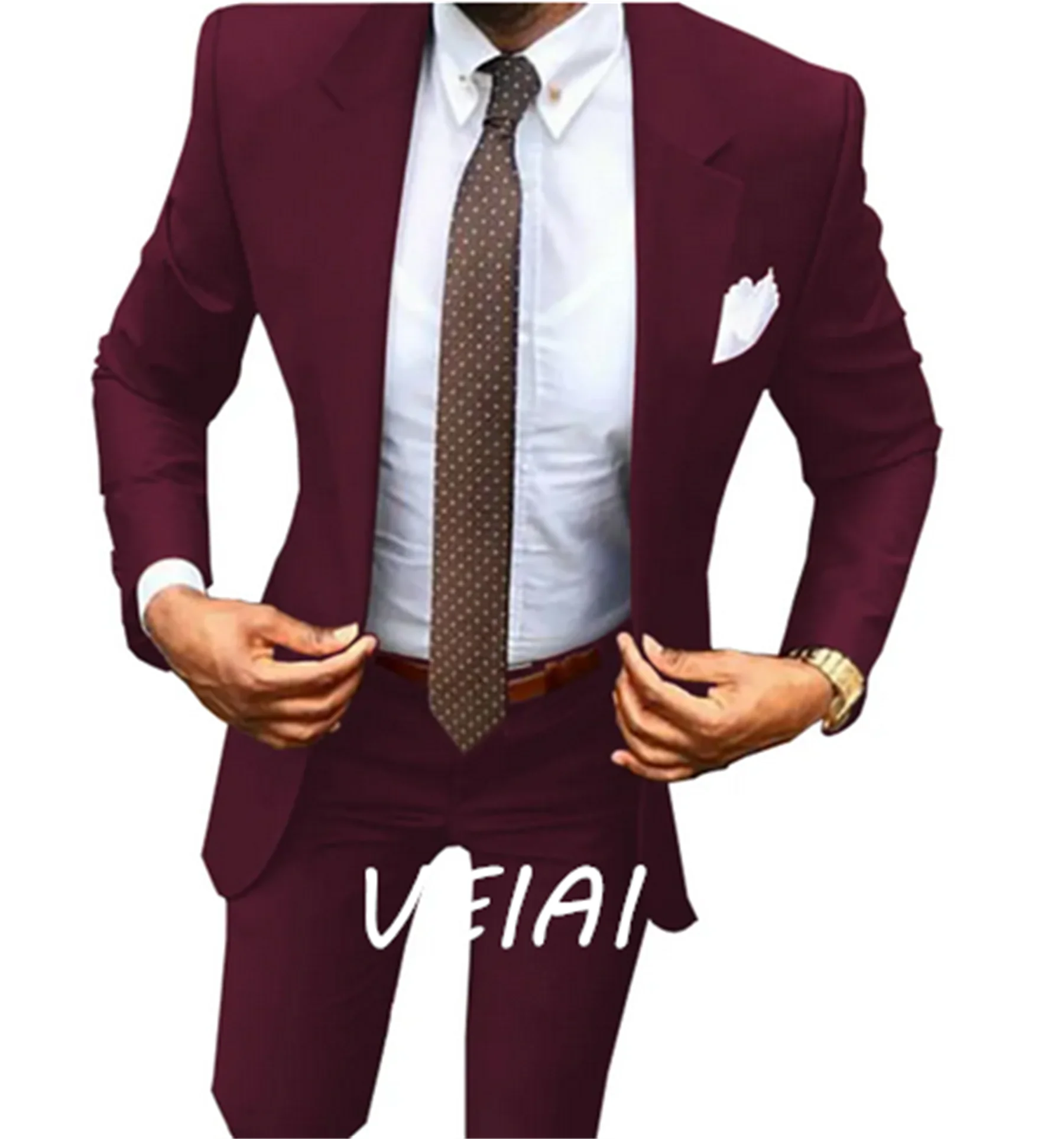 

Fashion Burgundi Jas Pria Slim Fit 2 Piece Prom Tuksedo Klasik Notch Lapel Pernikahan Pengiring Pria/Pesta (Blazer + Celana) 202