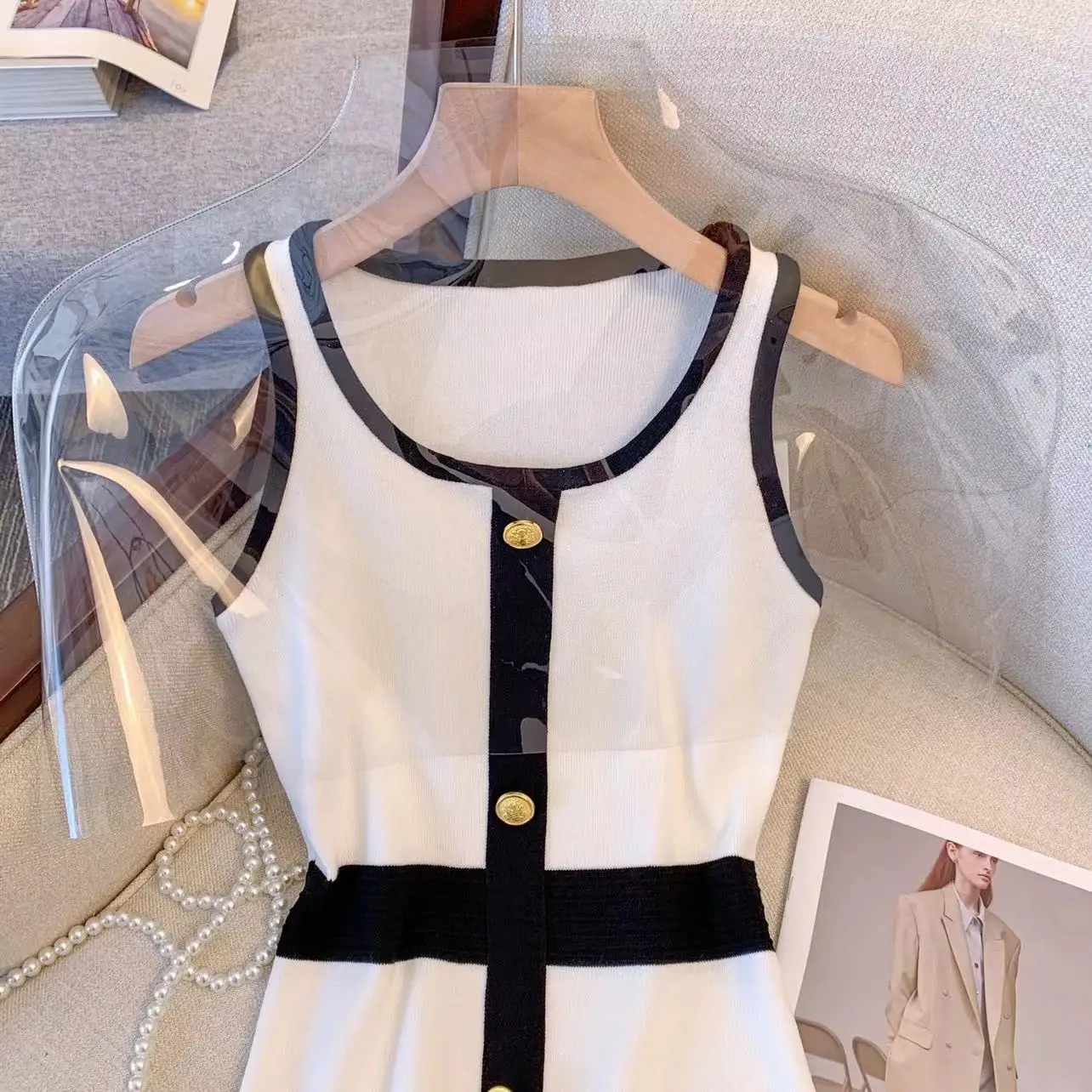 فستان قصير محبوك للنساء صيفي كاجوال معدني بصدر واحد فساتين نحيفة عالية الخصر أنيقة برقبة دائرية بدون أكمام #6