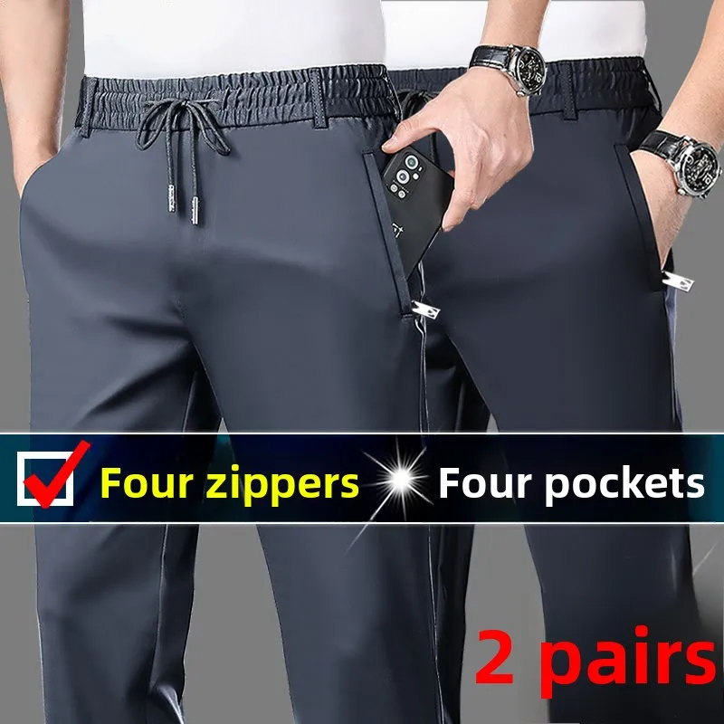 بنطلون رياضي فضفاض للرجال بأسلوب جديد لفصلي الربيع والصيف، متعدد الجيوب والسوستات، من خامة آيس سيلك، بنطلون طويل مستقيم الساق.