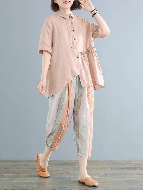 

Summer Fashion Women's Cotton Linen Harlan Set Casual Style Short Sleeve Collar Seven Pants Loose Fit Two Piece Set