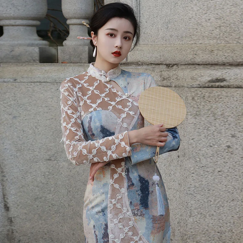 

Vintage Sexy Cheongsam Velvet Slim Splice Short Sleeve Female Women Dress Mid Long Dress Qipao