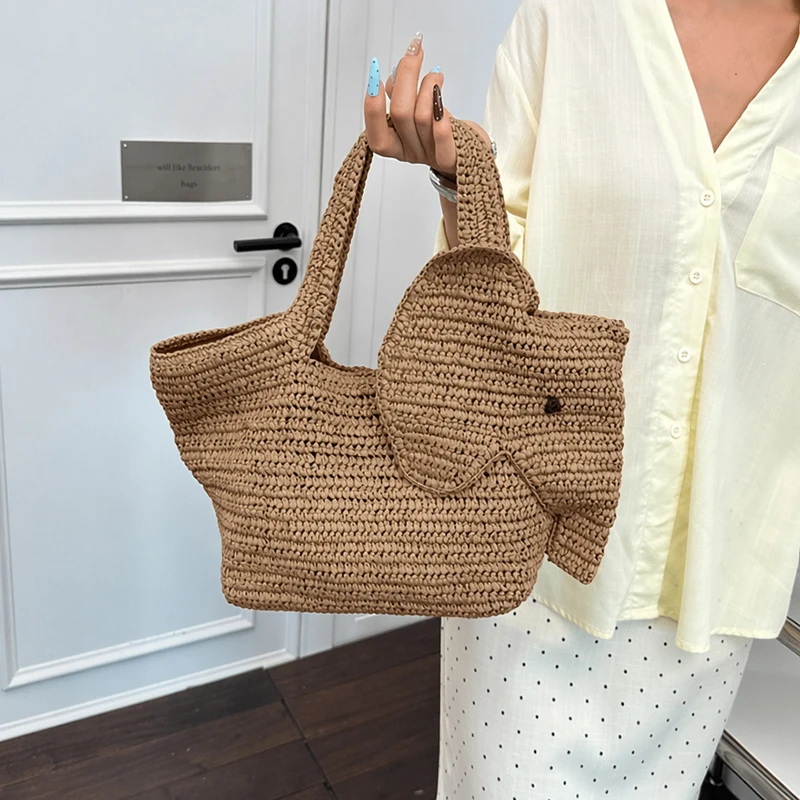 Elefantenförmige Raffia Handgewebte Strohtasche, Damen Schultertasche, Sommer Strand Urlaub Seaside Casual Tragetasche, Leichtgewichtig – Detail 12