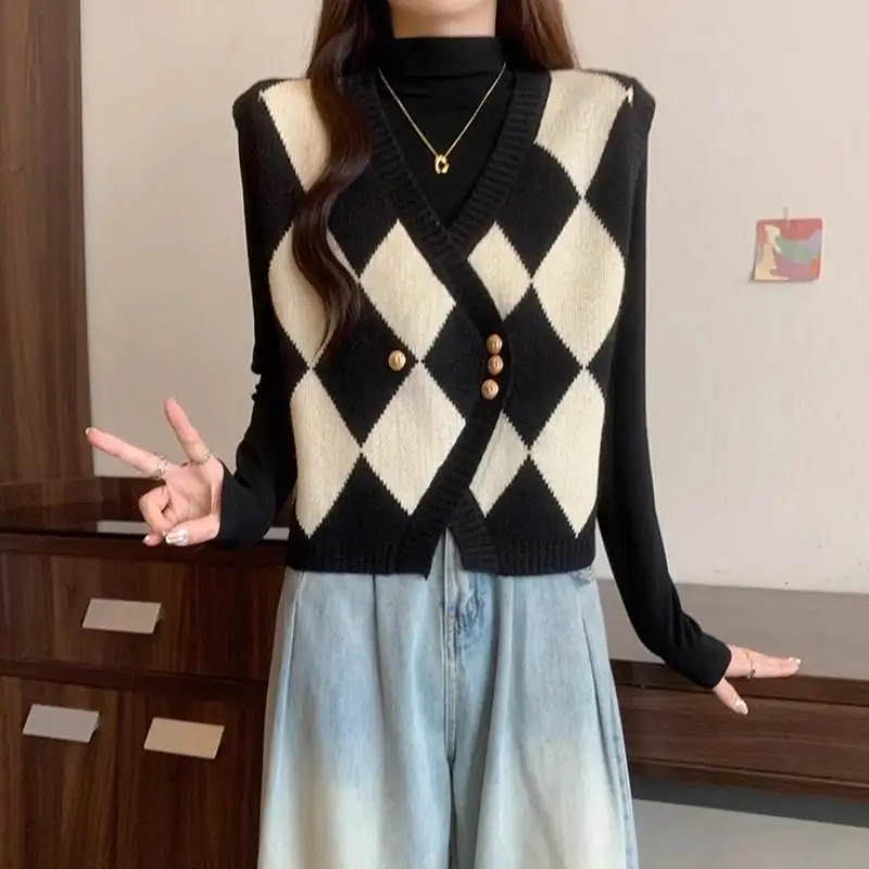 2025 nuove donne di arrivo primavera autunno chic vintage diamante maglia gilet bottone allentato vestibilità dimagrante cardigan aperto alla moda