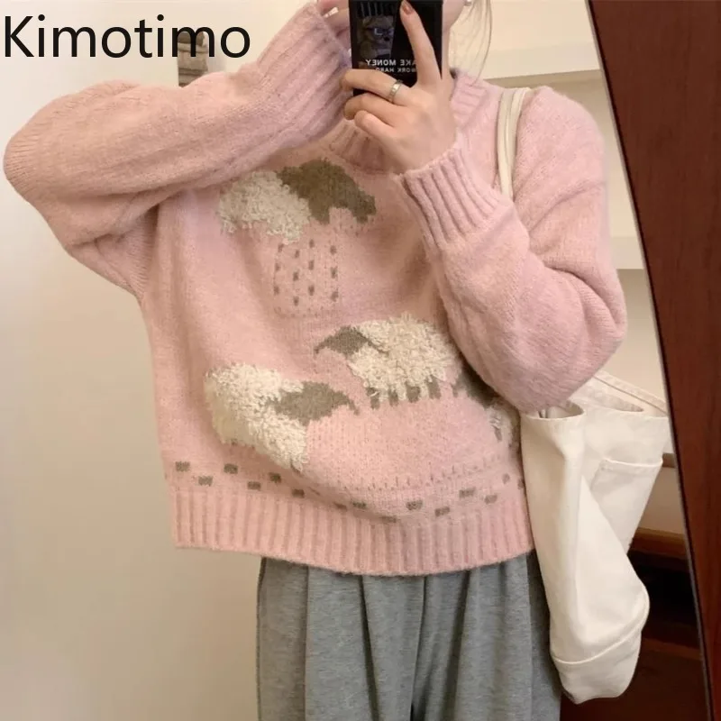 Kimotimo Japanese Cute Jacquard Sweater Women Vintage O Neck Loose Short Pullover Autumn Winter Lazy Casual Knitted Tops Pulls