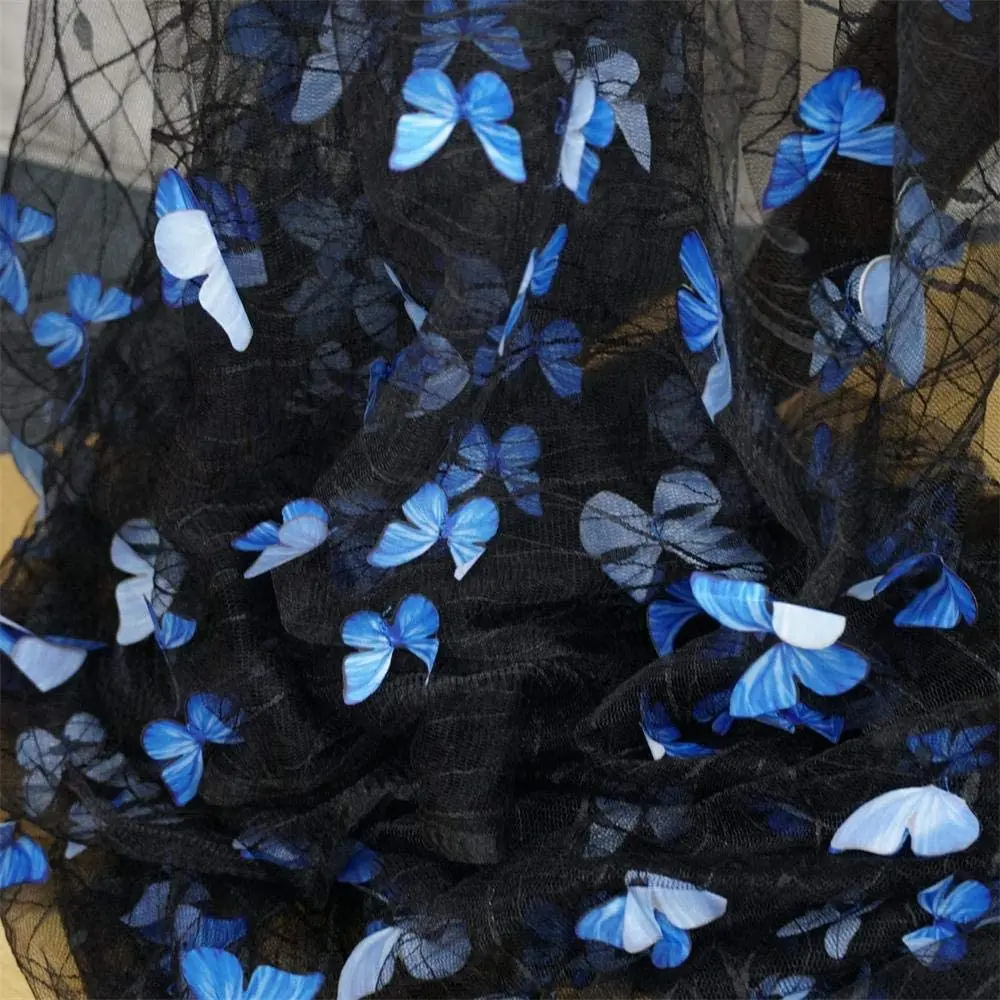 1 Yard 3D Vivid Blue Butterflies  Lace Fabric Sheer DIY Wedding Dress Clothing  Accessories 130CM Wide ﻿