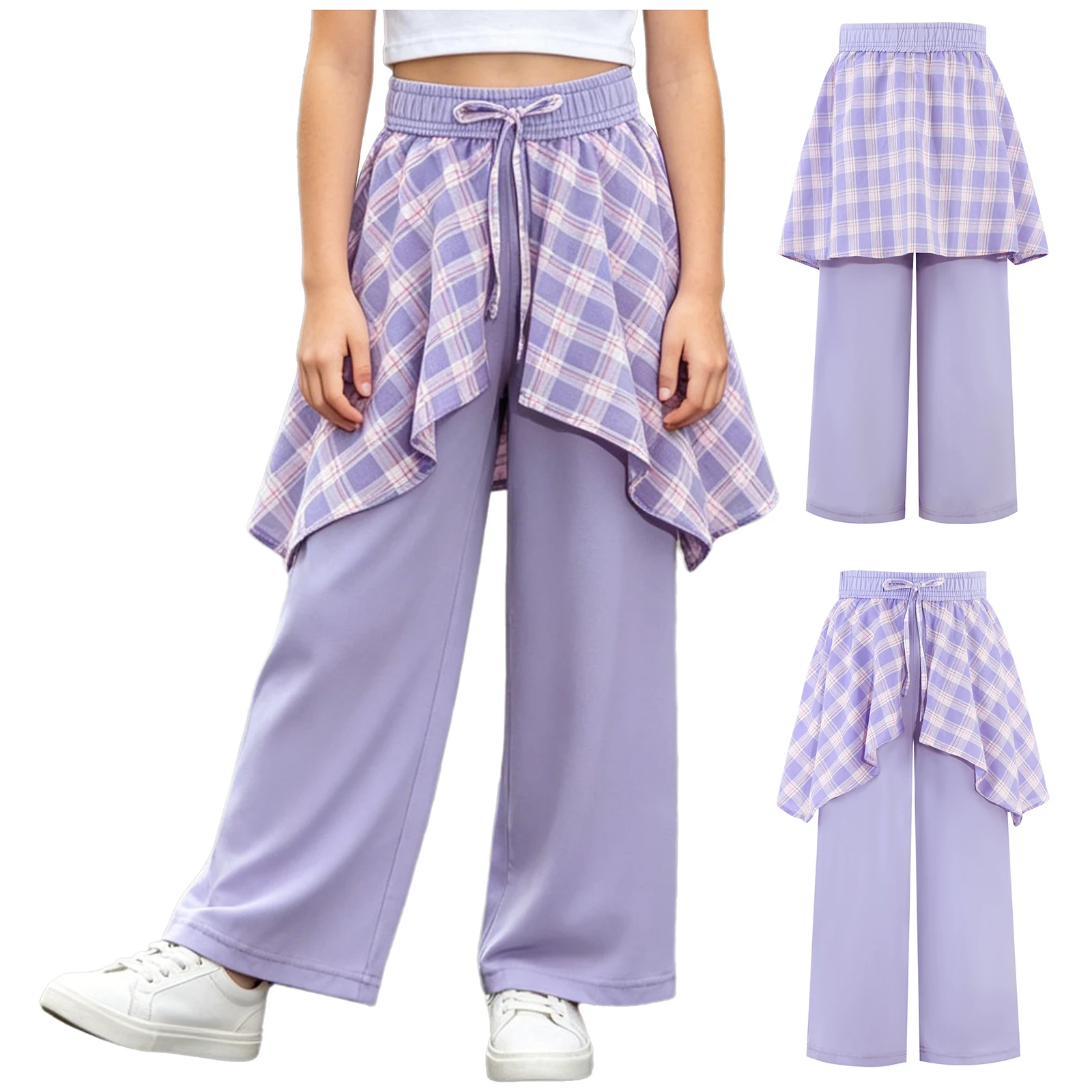 Pantaloni a gamba larga in seta ghiaccio a quadri con effetto due pezzi per ragazze, con elastico in vita, ideali per tutti i giorni, scuola, casual, street style, estate