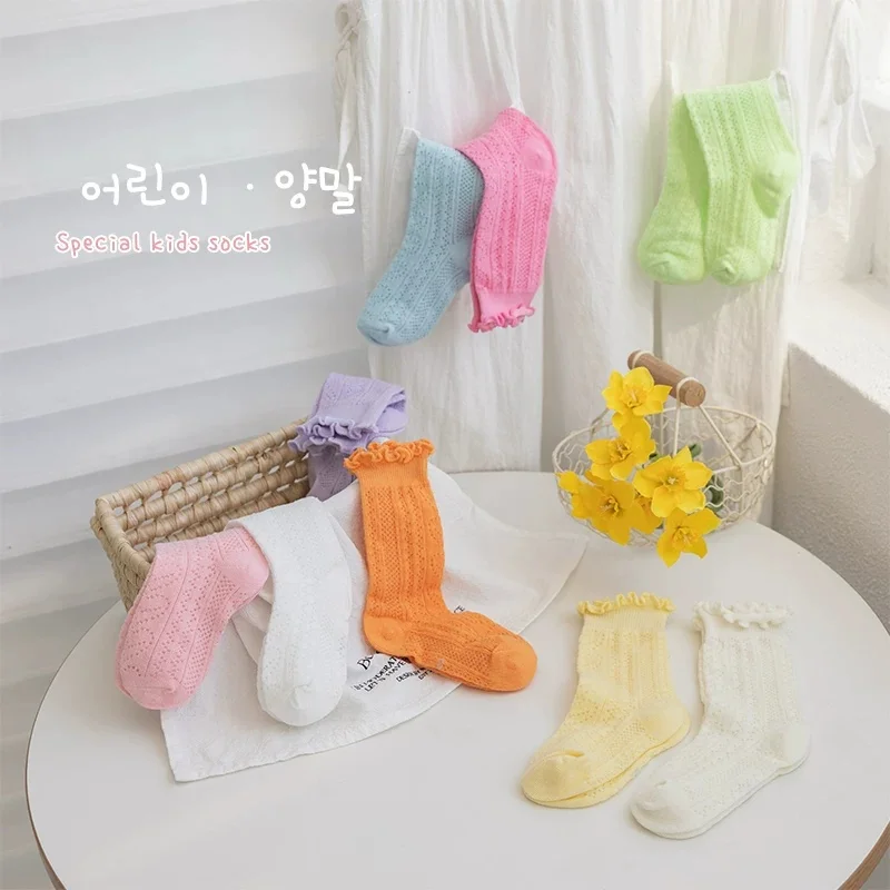 4Pairs Fashion Kids Summer Socks Knee High Breathable Princess Girls Frilly Sock Infant Baby Stocking Children Mesh Sock Party