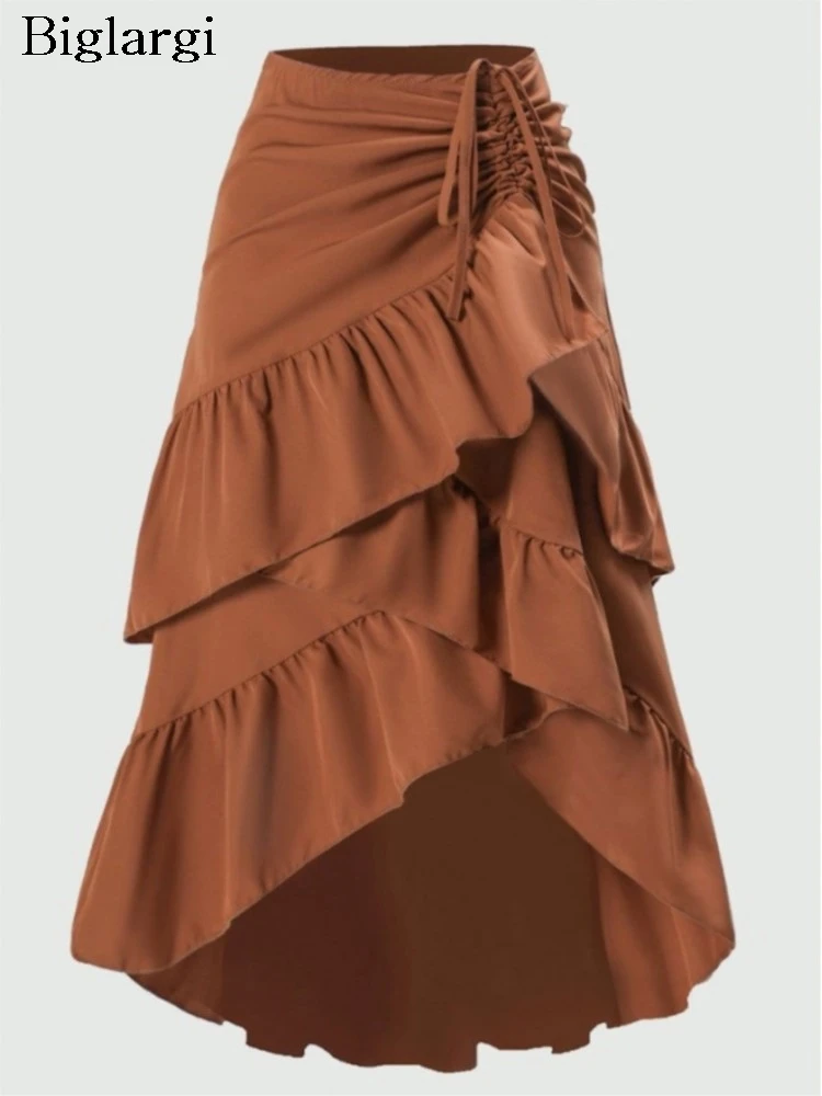 

Летняя элегантная женская юбка миди с высокой талией, оборками и плиссировкой, повседневная пляжная юбка с оборками и завязками по бокам