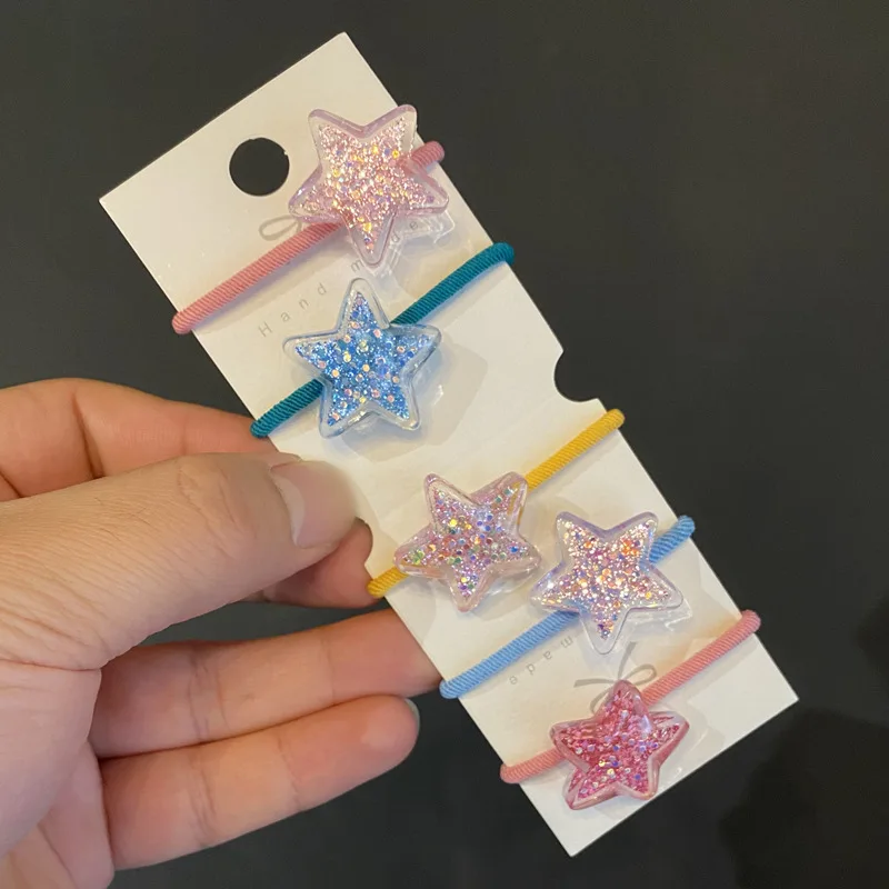 Hair Ties Glitter Heart Star Pattern Korean Cute Elastic Bands for Girls Daily School Party Premium Soft Comfortable