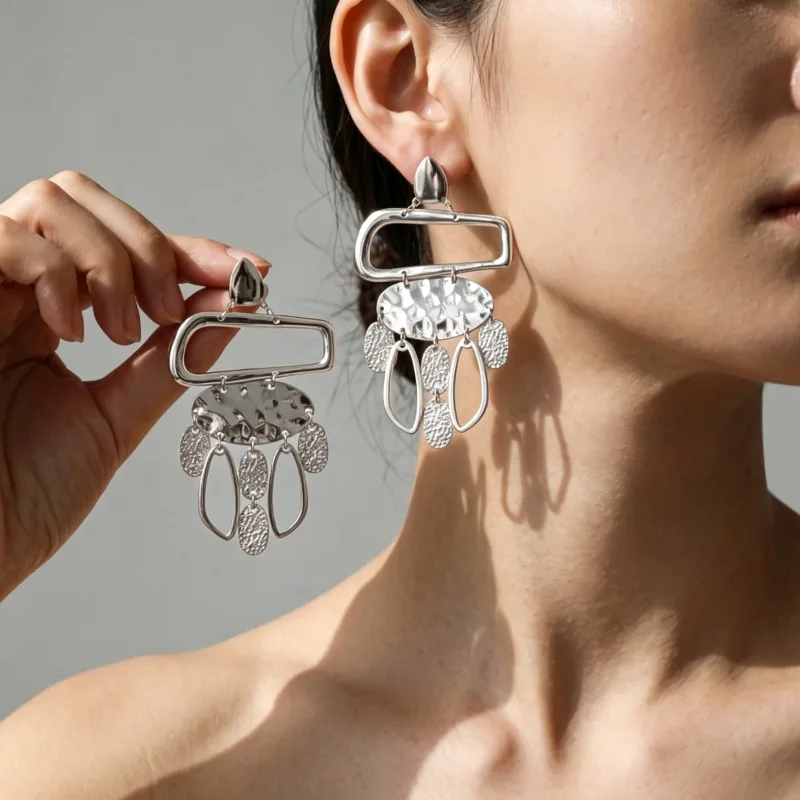 Metal wind earrings geometric box concave-convex hammer-pattern hanging piece fringed earrings women's niche