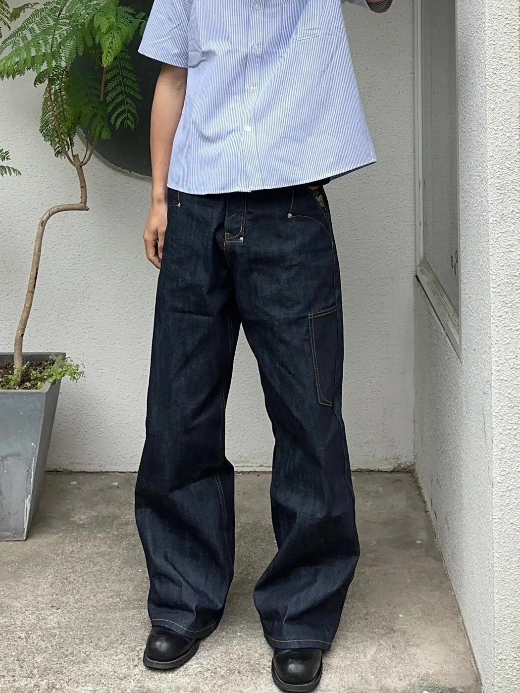 بنطلون جينز رجالي من CGG بتصميم كلاسيكي أمريكي مطرز بسكين غير رسمي فضفاض وواسع الساق مستقيم طويل بخصر عالٍ من قماش الدنيم