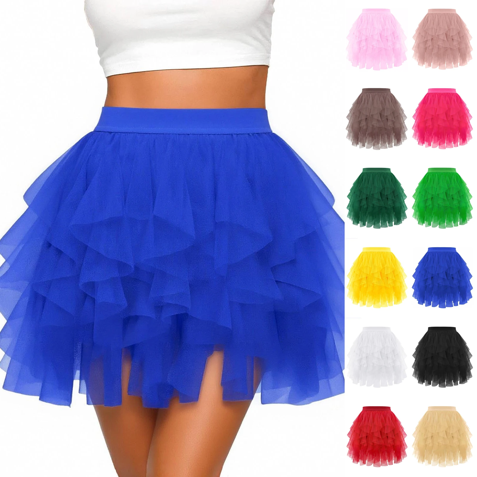 Jupe tutu en tulle pour femme, couleur unie, taille haute, en maille, coupe trapèze, jupe bouffante, jupe à volants, jupe de ballet, jupe mi-longue