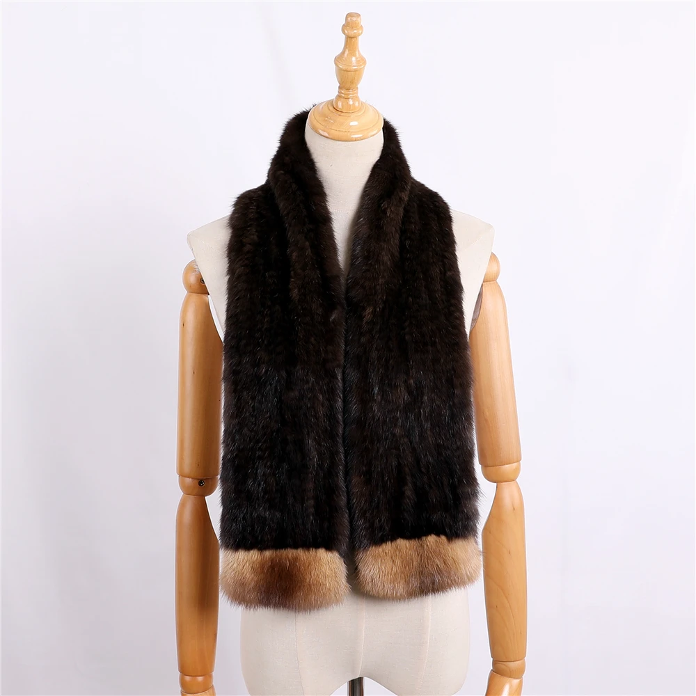 Luxury Women\'s 100% Real Sable Fur Knitted Scarf Natural Mink Scarves Lady Fahion Winter Wraps Girl Solid Neckercheif 120cm Long