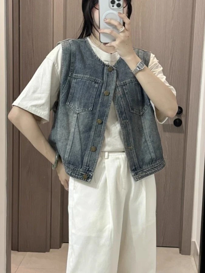 

Ретро-жилет из денима, открытый кардиган, свободный крой, на одной пуговице, летний повседневный стиль для женщин