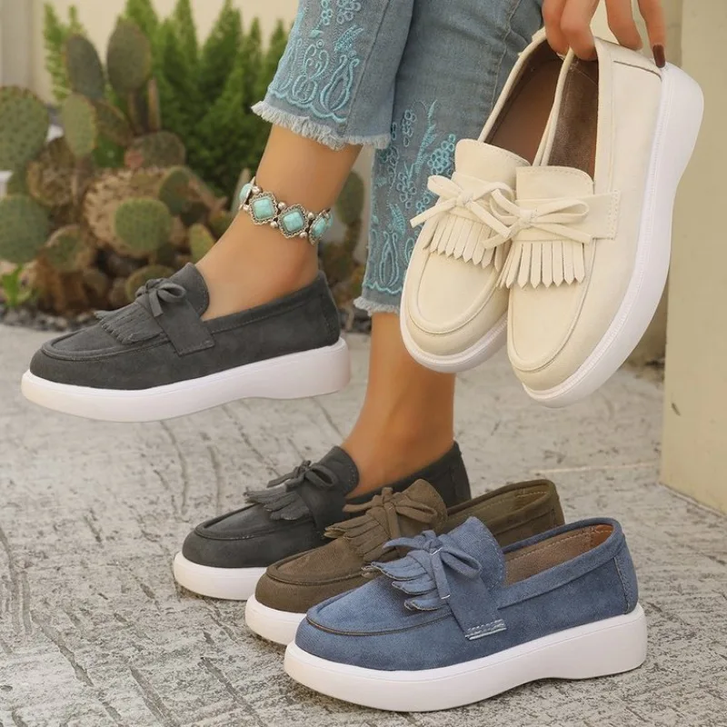 

Women Fashion Faux Suede Tassel Loafers Bowknot Slip on Thick Sole Platform Sneakers Casual Comfort Everyday Daily Walking Shoes