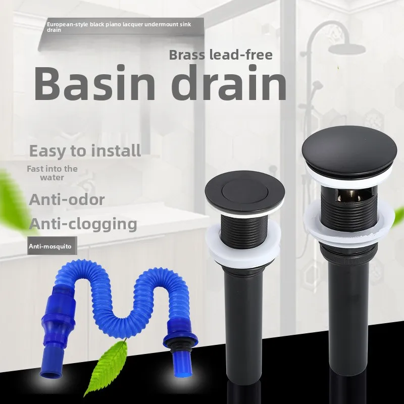 All‑copper Bathroom Pop Up Drain Pipe Kits Sink Waste Stopper Valve Washbasin Water Head Leaking Stopper Set Black