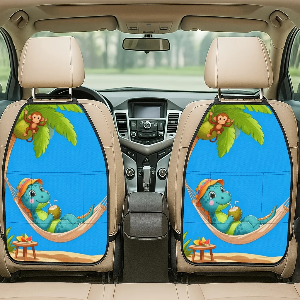 2pcs 2D Printed Car Seat Back Protector - Dinosaur And Monkey Playing In Trees Themed Printed Car Seat Back Protector - Kick Mat