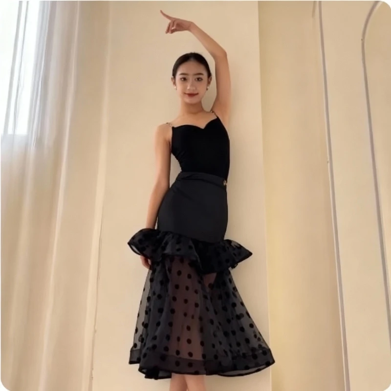 

Платье для современного танца, черный костюм с разрезом, топ на подтяжках, двухслойные юбки из рыбьей кости, костюм для вальса, бальных танцев, женское платье DN18206