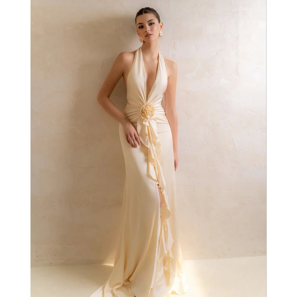 Women's Halter Neck Deep V Satin Maxi Dress Beige Flower Decor Split Evening Gown Formal Party Prom Elegant Bodycon Long Dress