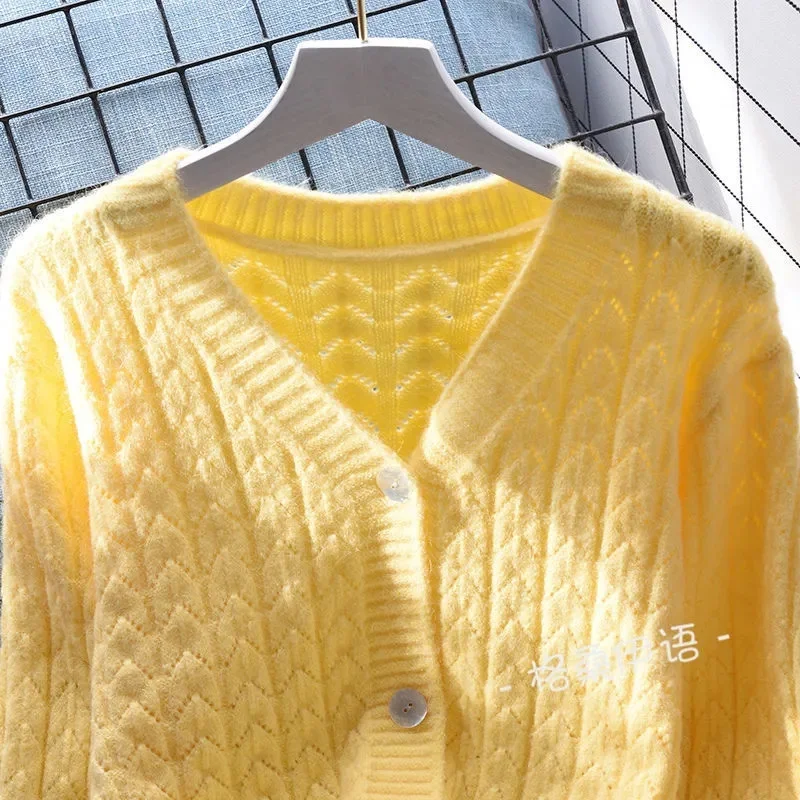 Women Cardigans Autumn Winter 2024 Single Breasted V-neck Knitted Sweater Spring Fashion Short Knitwear Solid Cardigan Jumpers