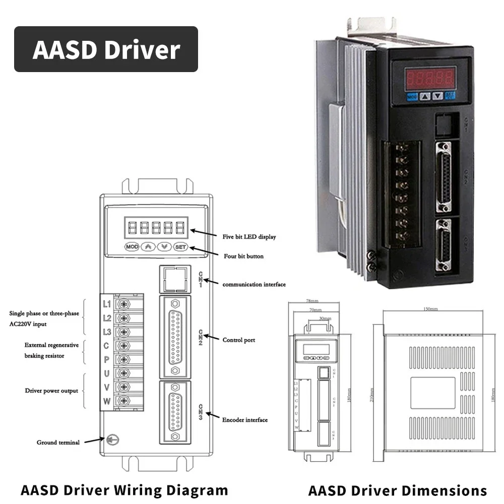 AC 서보 모터 드라이브 키트, 100W-600W 광학 인코더, 40ST/60ST Modbus RS485 + 3/5/10M 전원 케이블 인코더 케이블 AASD-15A 드라이버