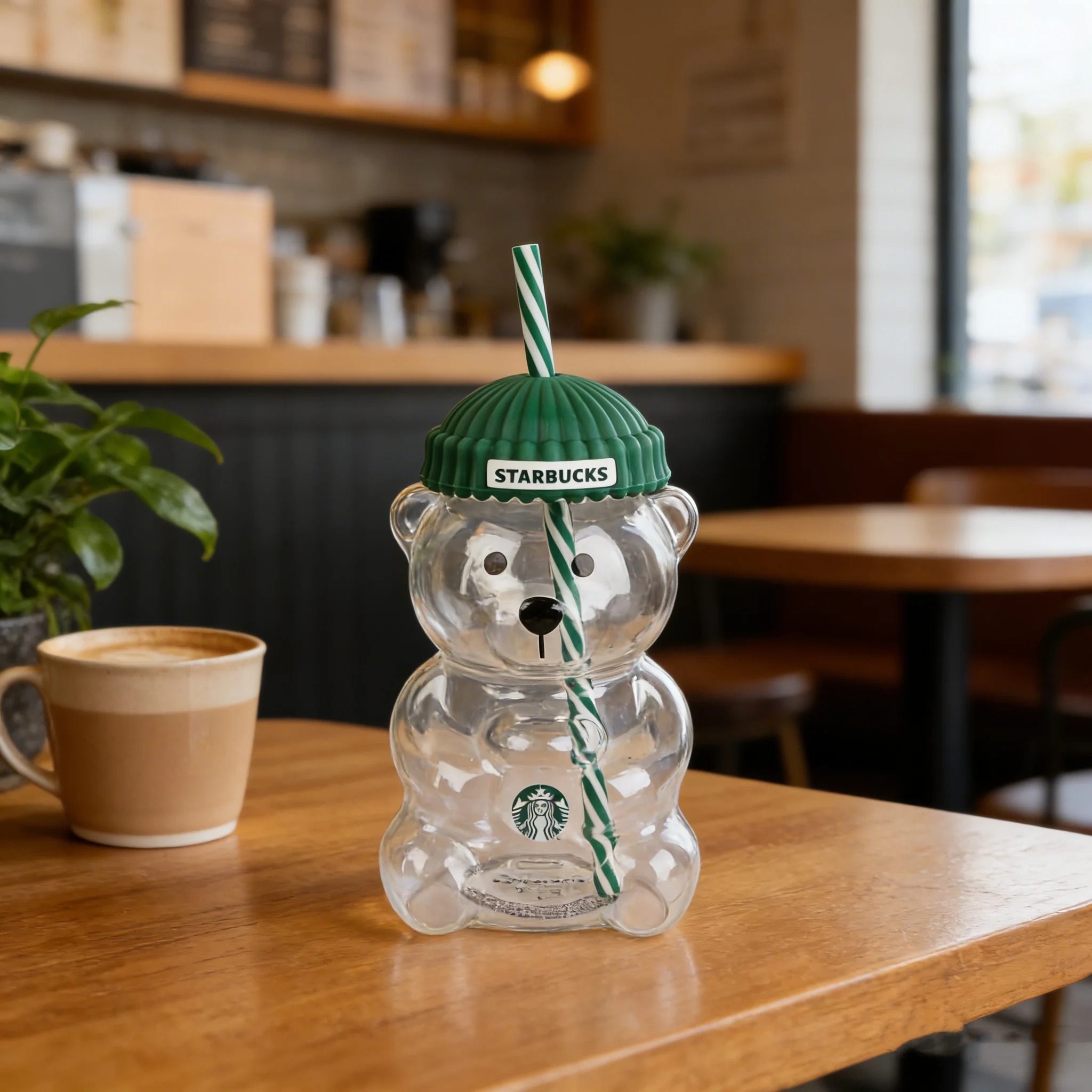 Green Lid Starbucks Bearista Bear Glass Tumbler 591ml With Straw Iced Coffee Home Gift