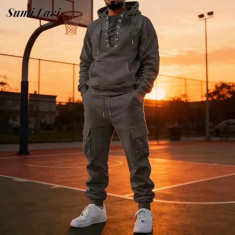 

Спортивные мужские свободные костюмы для фитнеса: весенне-осенние винтажные худи и брюки, комплект из двух предметов, повседневная уличная одежда для мужчин