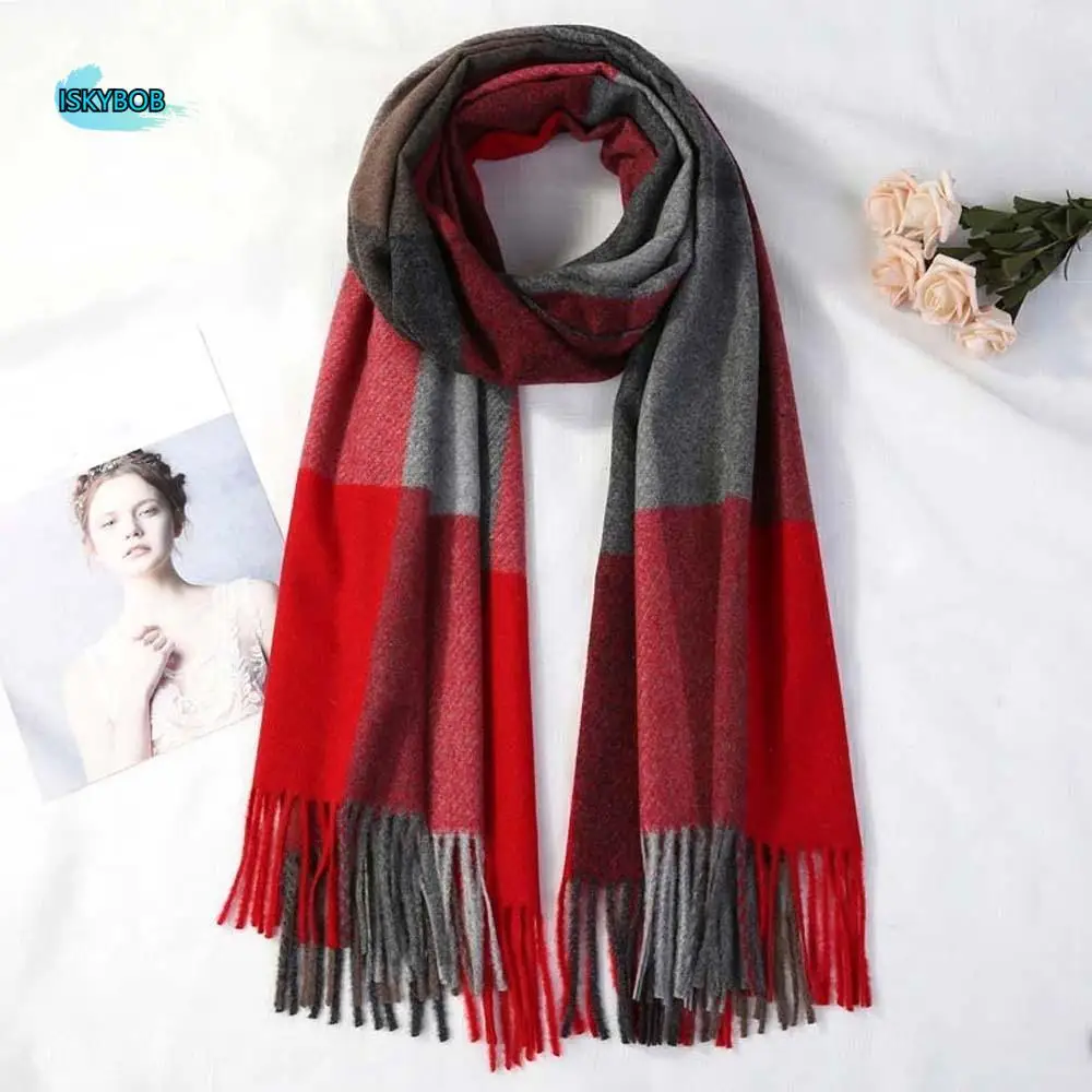 

Мягкий шерстяной классический клетчатый шарф из полиэстера, холодостойкий вязаный шерстяной шарф, мягкий длинный шейный платок контрастного цвета с кисточкой для женщин