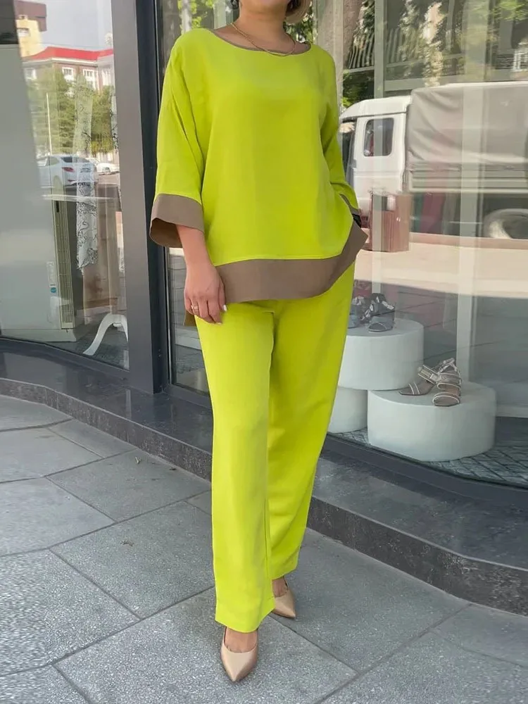 Casual Yellow Color Matching Pants Sets Women Loose O Neck T Shirt Straight Trousers Two Piece Set Female 2024 Spring Autumn New