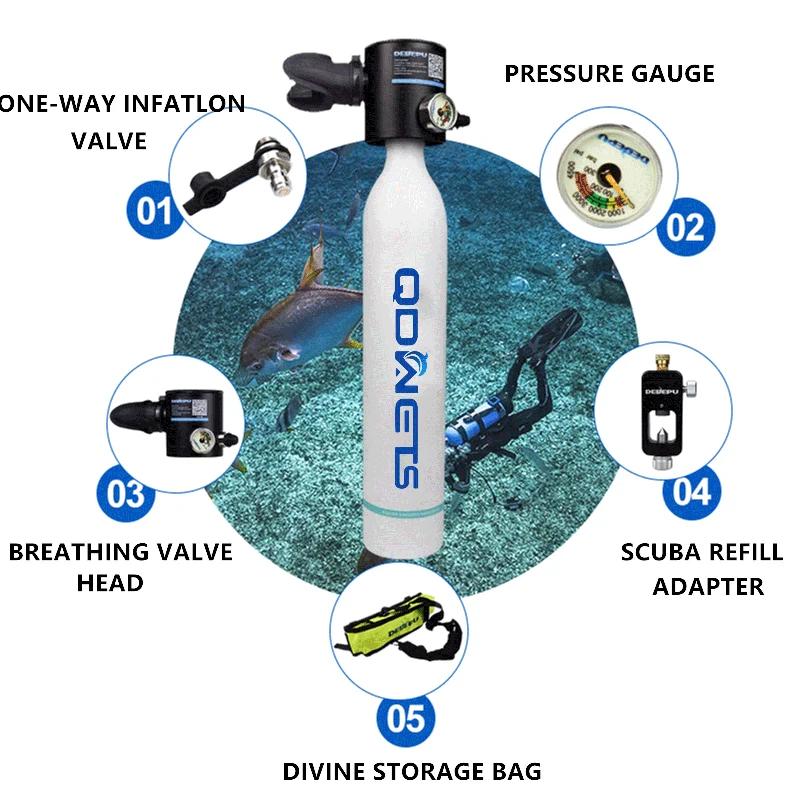 QDWET  Mini Scuba Diving Tank Equipment, Dive Cylinder with 5-10Minutes Capability, 0.5 Litre Capacity with Refillable Design