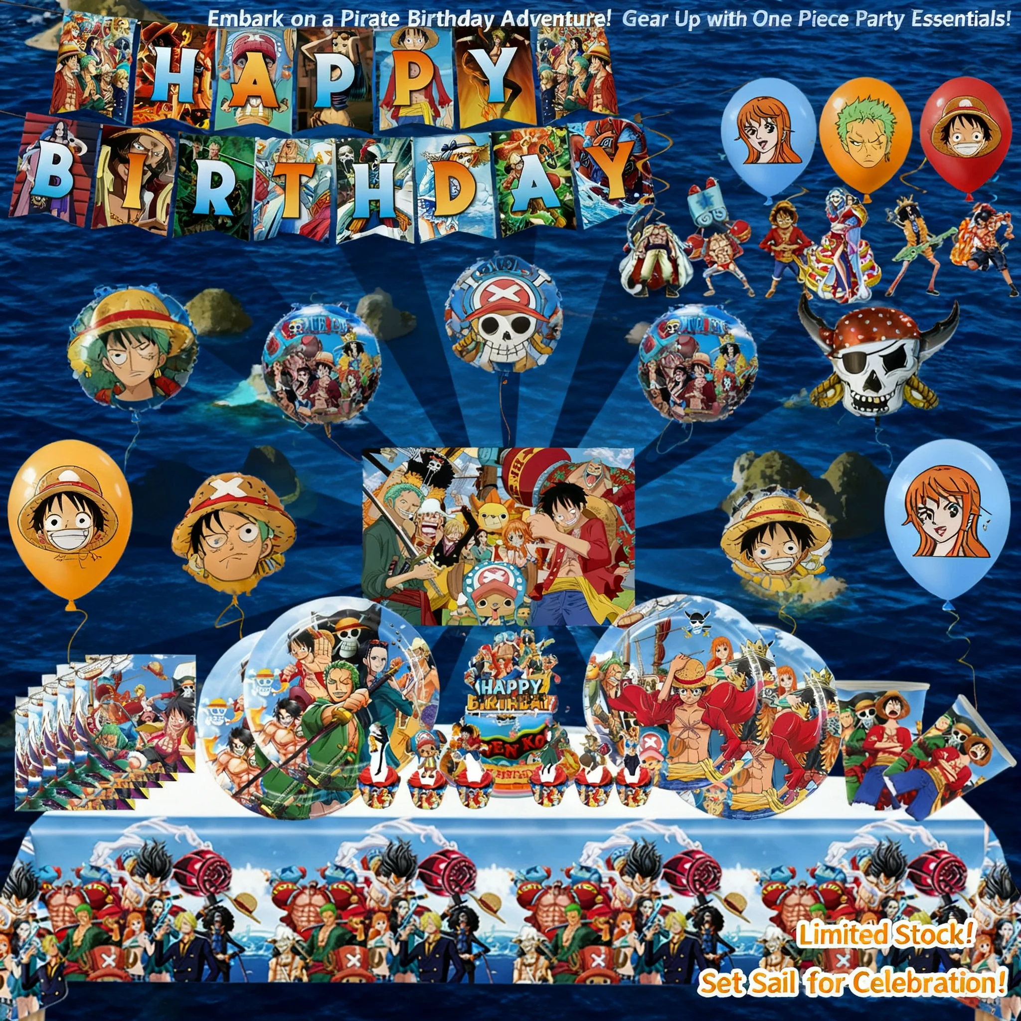 

One Piece Luffy Birthday Party Supplies Hanging Banner Cake Decoration Balloon Dinner Plates Theme Props Gifts for Anime Fans