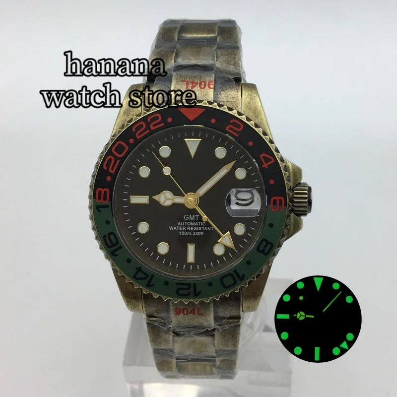 Imagem -04 - Bliger-mens Bronze Ver Movimento Automático Mostrador Preto Gold Hands Sapphire Glass Green Gmt Nh34 40 mm